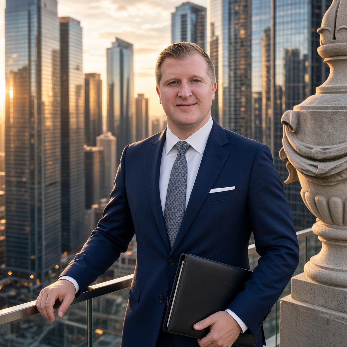 Lonnie Thomas in a navy suit, holding a black portfolio, on a rooftop with a city skyline at sunset